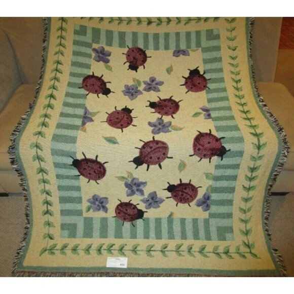 New Ladybug Garden Heavy Cotton Afghan Throw Blanket 54x70 Lady Bug Spots Beetle - Picture 2 of 3